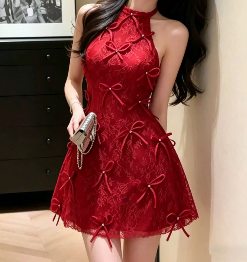 Lovely Halter Neck Red Homecoming Dress Bows A-Line Party Dress C9575