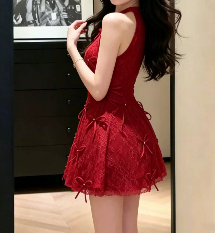 Lovely Halter Neck Red Homecoming Dress Bows A-Line Party Dress C9575
