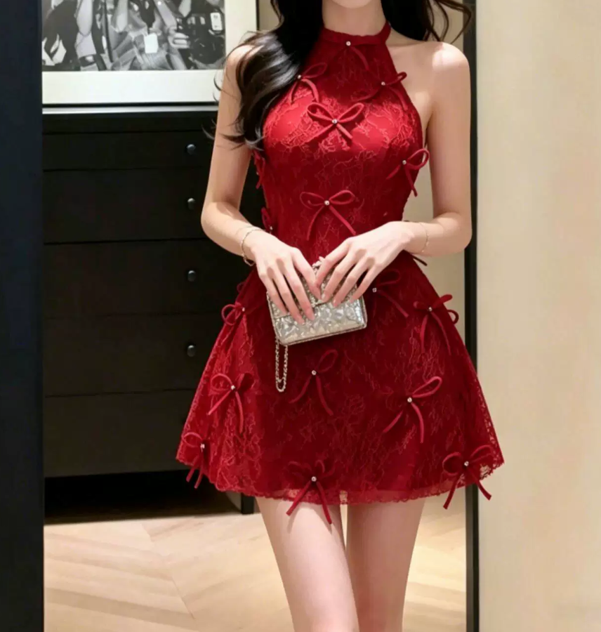 Lovely Halter Neck Red Homecoming Dress Bows A-Line Party Dress C9575