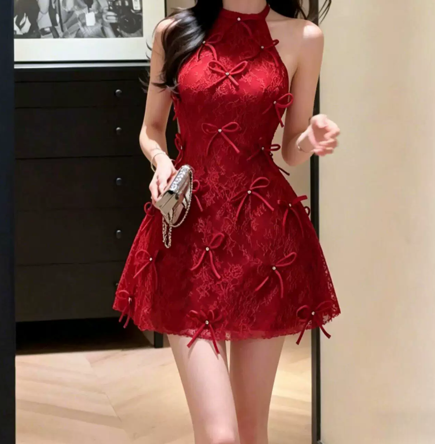 Lovely Halter Neck Red Homecoming Dress Bows A-Line Party Dress C9575