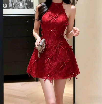 Lovely Halter Neck Red Homecoming Dress Bows A-Line Party Dress C9575