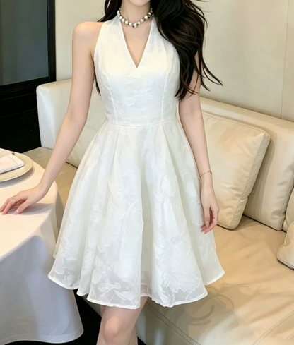 Playful Halter Neck White Homecoming Dress Jacquard Backless A-Line Party Dress C9578