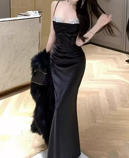 Robe de bal de princesse bustier à volants en satin long, robe de soirée C8117