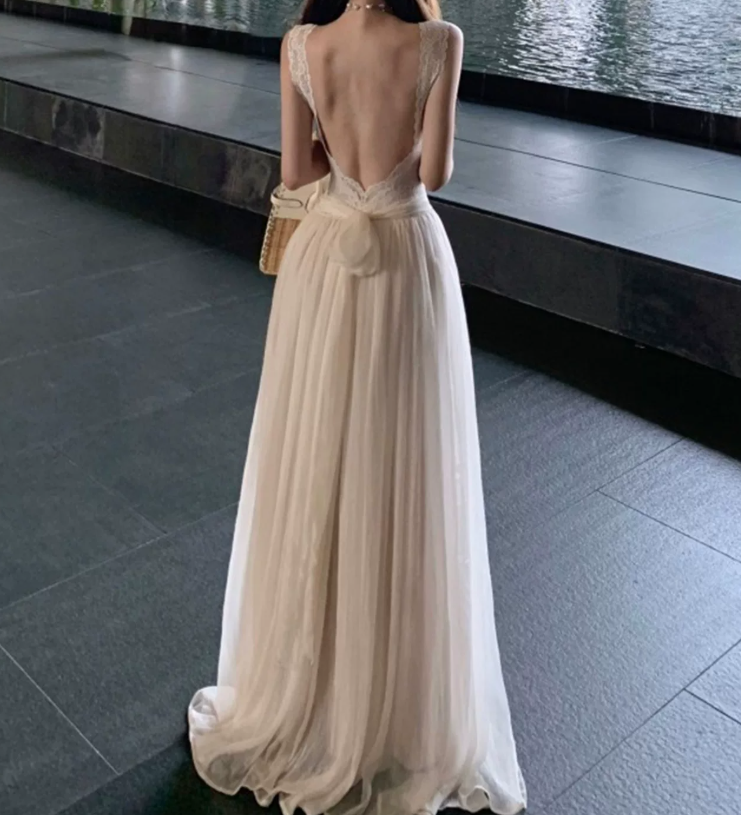 Sweet Spaghetti Straps Prom Dress Lace Backless A-Line Evening Dress C9584
