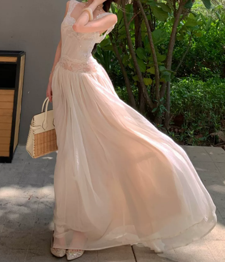 Sweet Spaghetti Straps Prom Dress Lace Backless A-Line Evening Dress C9584