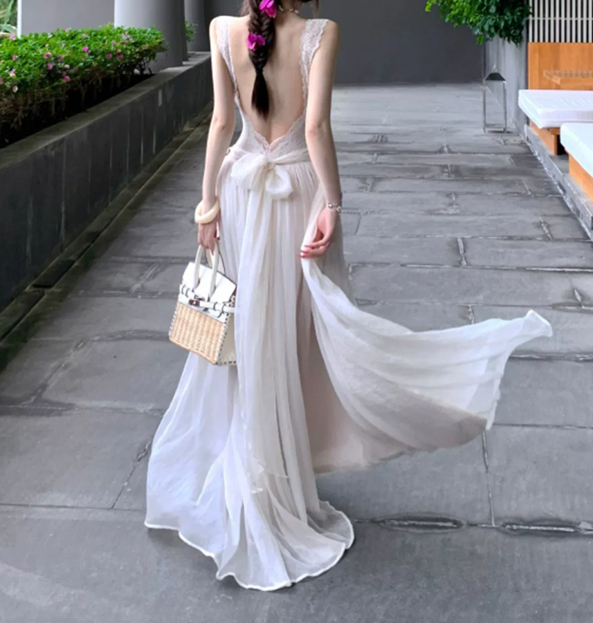 Sweet Spaghetti Straps Prom Dress Lace Backless A-Line Evening Dress C9584