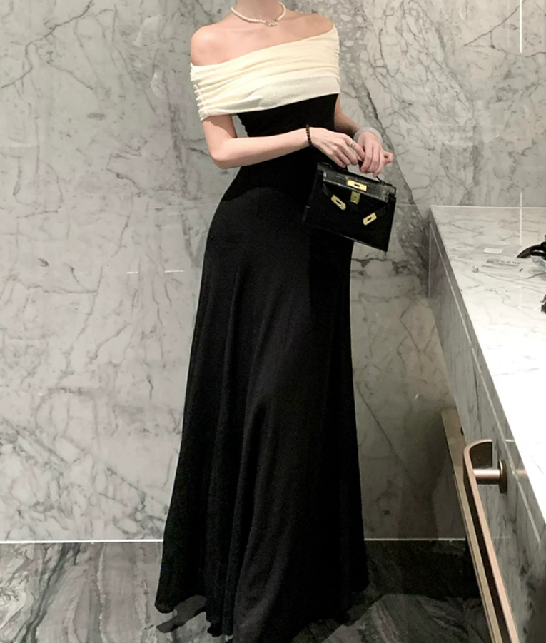 Vintage Off-Shoulder Prom Dress Black A-Line Evening Dress C9586