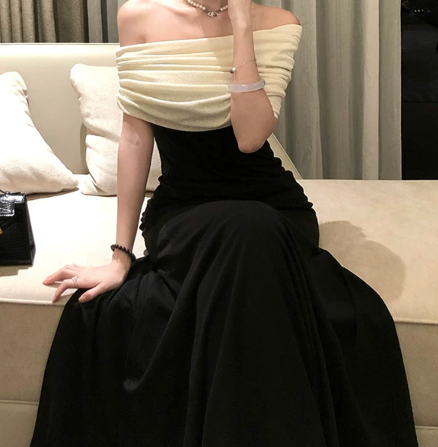Vintage Off-Shoulder Prom Dress Black A-Line Evening Dress C9586