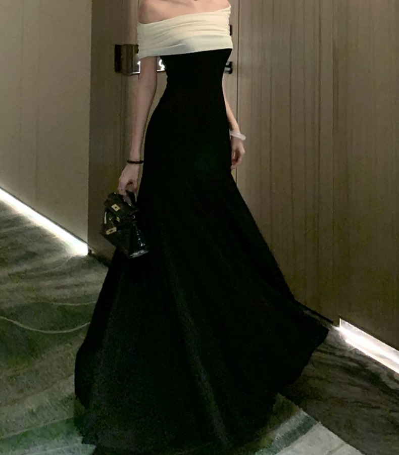 Vintage Off-Shoulder Prom Dress Black A-Line Evening Dress C9586