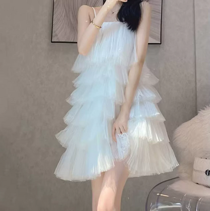Flowy Spaghetti Straps Homecoming Dress Tulle Tiered A-Line Party Dress C9588