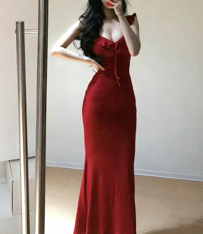 Chic Spaghetti Strap Prom Dress Red Ruffles Mermaid Evening Dress C9591