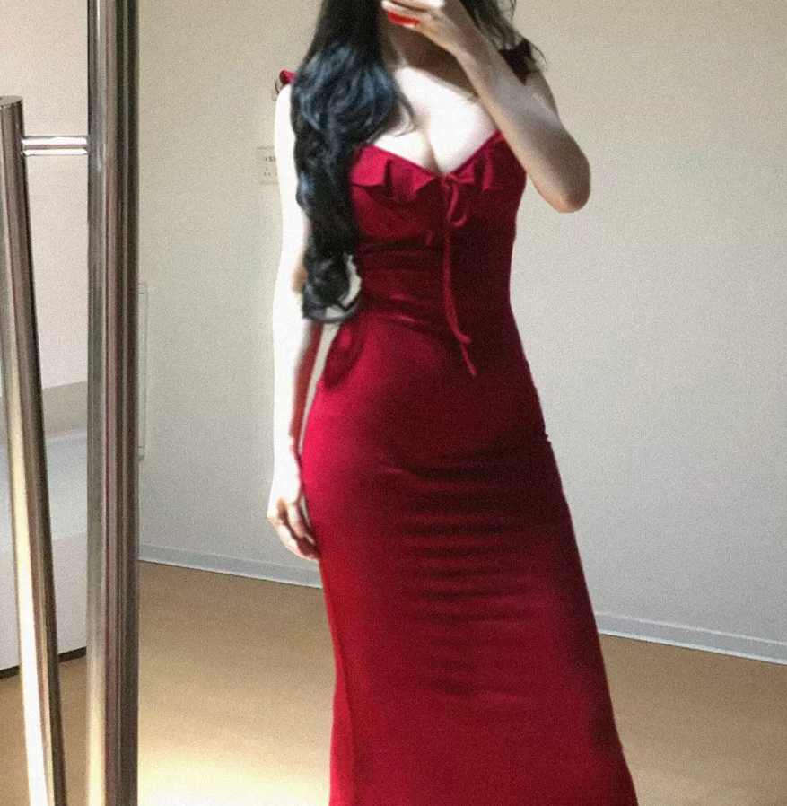 Chic Spaghetti Strap Prom Dress Red Ruffles Mermaid Evening Dress C9591