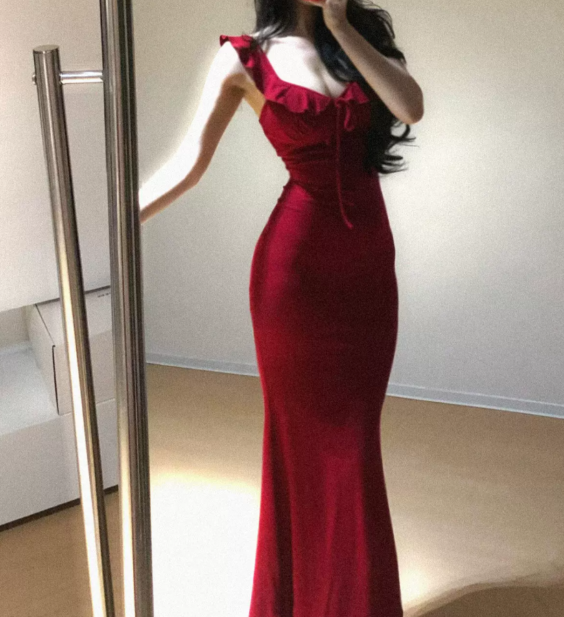 Chic Spaghetti Strap Prom Dress Red Ruffles Mermaid Evening Dress C9591