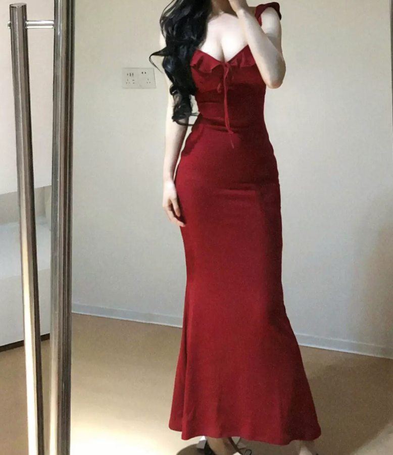 Chic Spaghetti Strap Prom Dress Red Ruffles Mermaid Evening Dress C9591