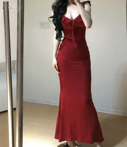 Chic Spaghetti Strap Prom Dress Red Ruffles Mermaid Evening Dress C9591
