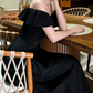 Retro Off-Shoulder Ruffles Prom Dress Black A-Line Evening Dress C9593