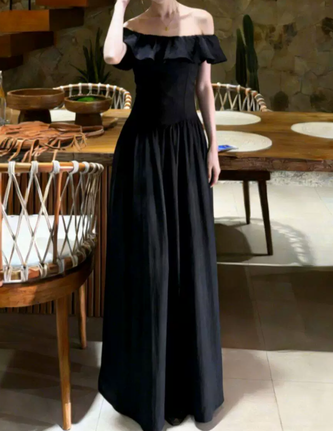 Retro Off-Shoulder Ruffles Prom Dress Black A-Line Evening Dress C9593