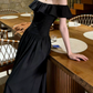 Retro Off-Shoulder Ruffles Prom Dress Black A-Line Evening Dress C9593