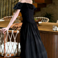 Retro Off-Shoulder Ruffles Prom Dress Black A-Line Evening Dress C9593