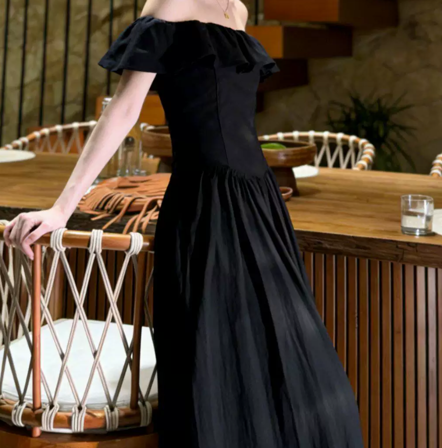 Retro Off-Shoulder Ruffles Prom Dress Black A-Line Evening Dress C9593
