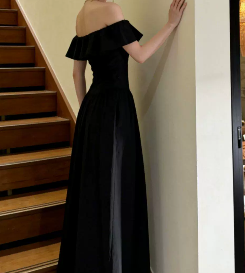Retro Off-Shoulder Ruffles Prom Dress Black A-Line Evening Dress C9593