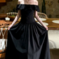 Retro Off-Shoulder Ruffles Prom Dress Black A-Line Evening Dress C9593