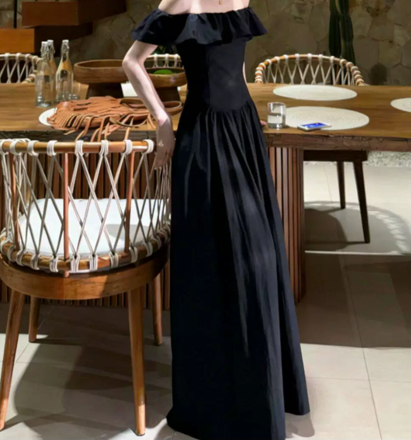 Retro Off-Shoulder Ruffles Prom Dress Black A-Line Evening Dress C9593