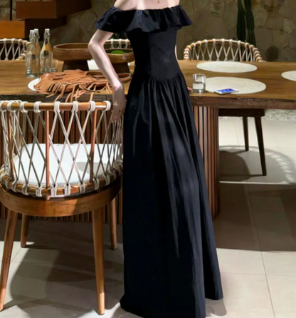 Retro Off-Shoulder Ruffles Prom Dress Black A-Line Evening Dress C9593