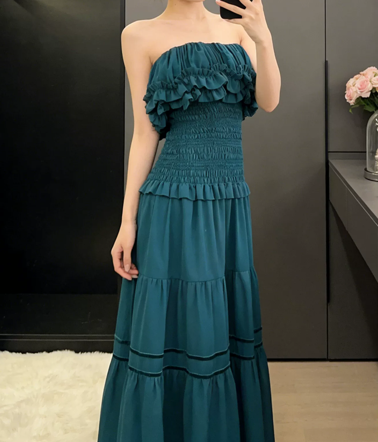 Vintage Strapless Ruffles Prom Dress Teal A-Line Evening Dress C9594