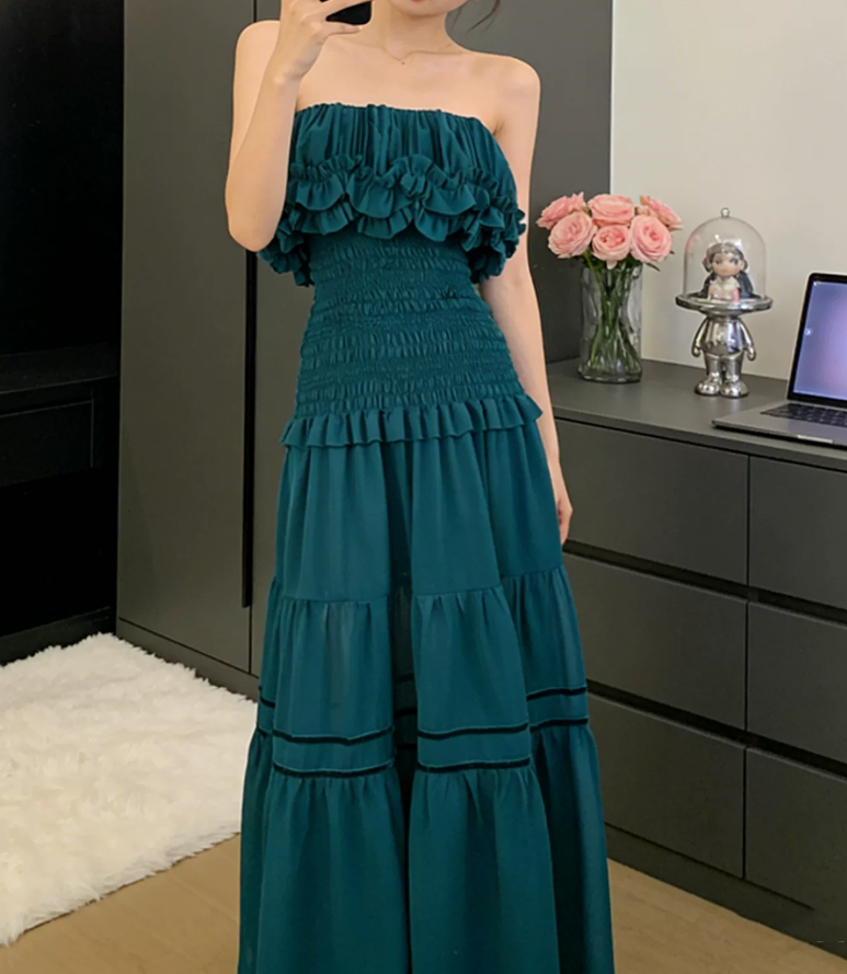 Vintage Strapless Ruffles Prom Dress Teal A-Line Evening Dress C9594
