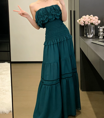 Vintage Strapless Ruffles Prom Dress Teal A-Line Evening Dress C9594