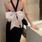 Classical Halter Neck Prom Dress Black Bow Sheath Evening Dress C9597