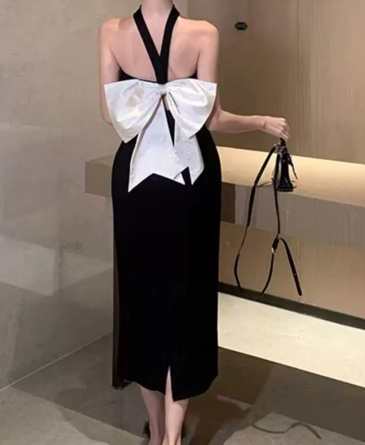 Classical Halter Neck Prom Dress Black Bow Sheath Evening Dress C9597