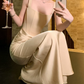 Romantic Spaghetti Strap Prom Dress Gold Satin Mermaid Evening Dress C9599