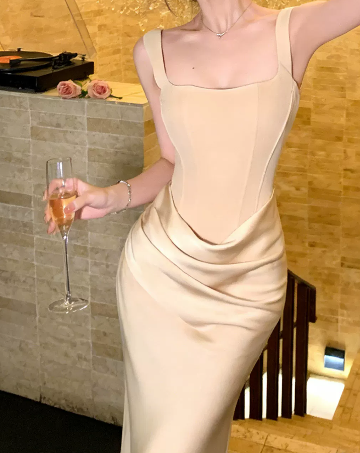 Romantic Spaghetti Strap Prom Dress Gold Satin Mermaid Evening Dress C9599