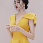 Sexy A line V Neckline Yellow Satin Birthday Outfit Homecoming Dresses C959