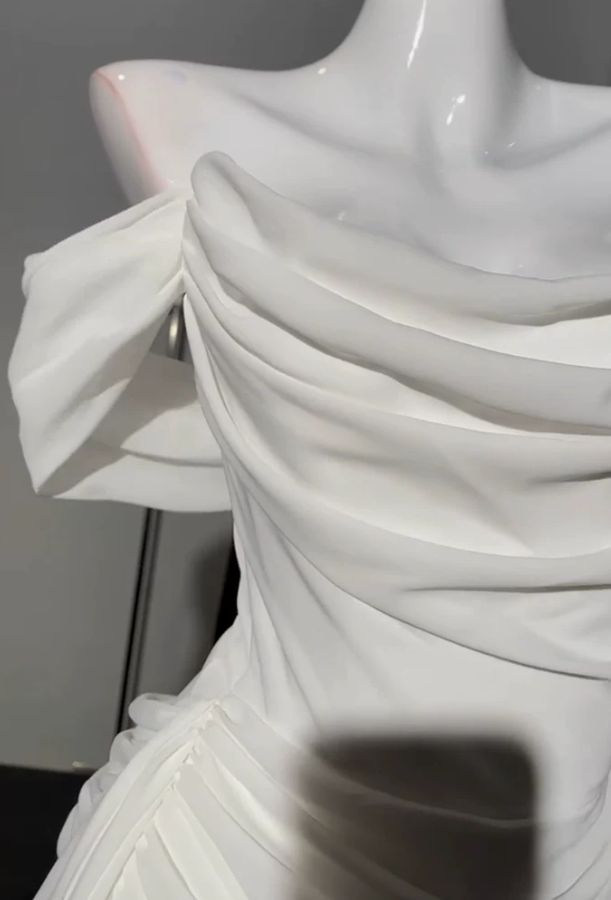 Romantic Off-Shoulder Homecoming Dress White Draped Sheath Party Dress C9600