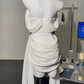 Romantic Off-Shoulder Homecoming Dress White Draped Sheath Party Dress C9600