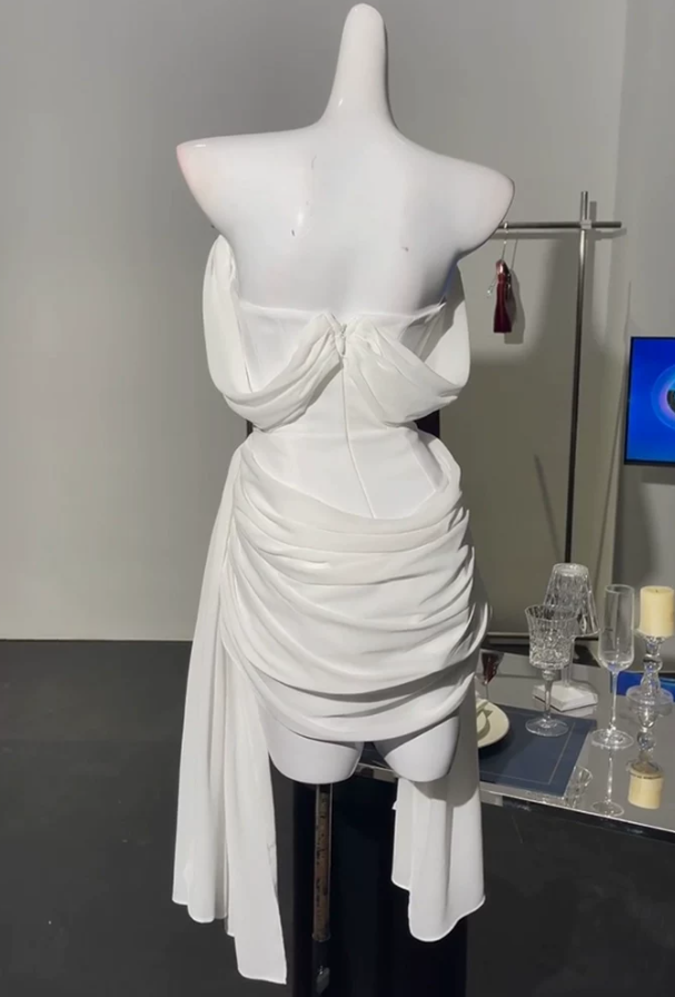 Romantic Off-Shoulder Homecoming Dress White Draped Sheath Party Dress C9600