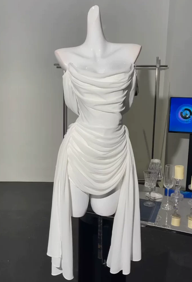 Romantic Off-Shoulder Homecoming Dress White Draped Sheath Party Dress C9600
