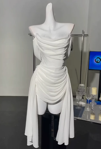 Romantic Off-Shoulder Homecoming Dress White Draped Sheath Party Dress C9600