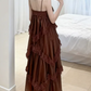 Elegant Spaghetti Straps Prom Dress Brown Lace A-Line Evening Dress C9602