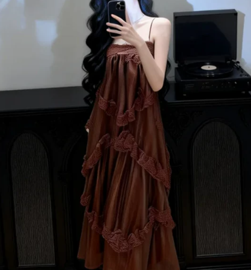 Elegant Spaghetti Straps Prom Dress Brown Lace A-Line Evening Dress C9602