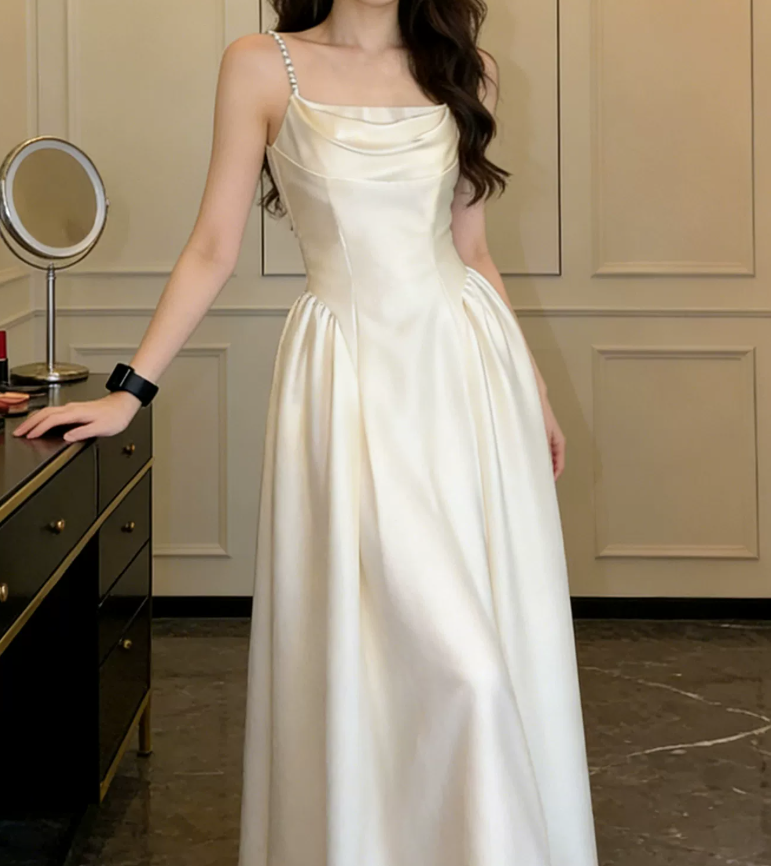 Romantic Spaghetti Straps Prom Dress Beading Satin A-Line Evening Dress C9605