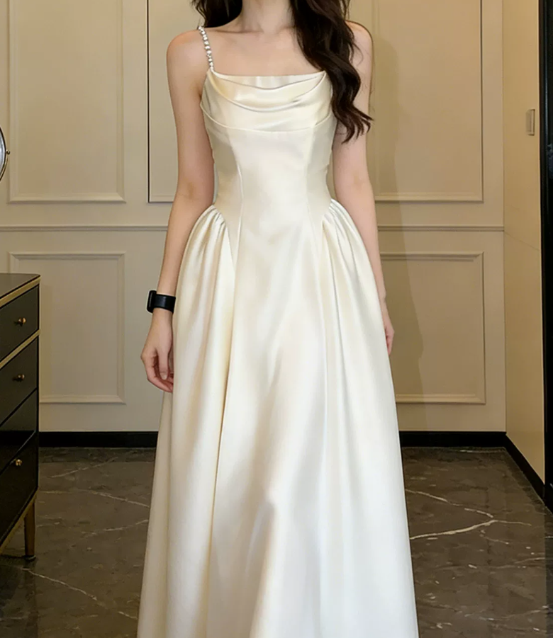 Romantic Spaghetti Straps Prom Dress Beading Satin A-Line Evening Dress C9605