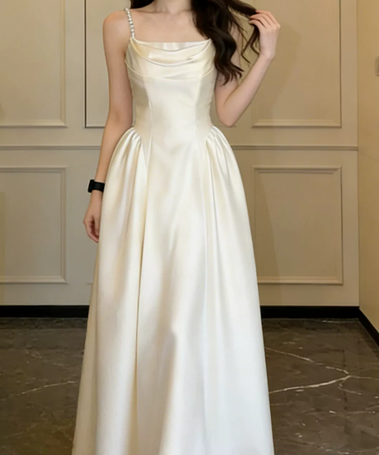 Romantic Spaghetti Straps Prom Dress Beading Satin A-Line Evening Dress C9605
