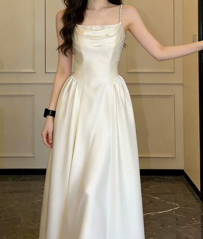 Romantic Spaghetti Straps Prom Dress Beading Satin A-Line Evening Dress C9605