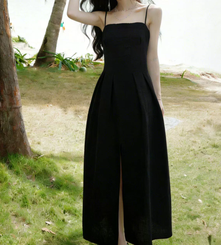 Elegant Spaghetti Straps Prom Dress Black Slit A-Line Evening Dress C9606
