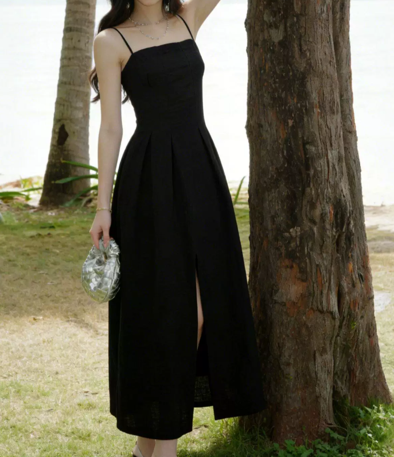 Elegant Spaghetti Straps Prom Dress Black Slit A-Line Evening Dress C9606