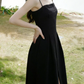 Elegant Spaghetti Straps Prom Dress Black Slit A-Line Evening Dress C9606